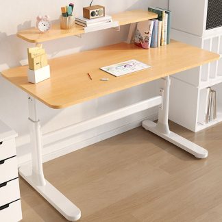 "Height Adjustable Lumber Natural Finish Kids Computer Desk with Storage, Shelf, and Hutch"