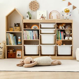 "Natural Finish Simplistic Standard Children's Bookshelf, 3 or 4 Shelves, Horizontal, Open Back, Natural Wood, Scratch-repellent"