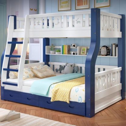 "Natural Wood Bunk Children's Bed Light-toned Wood with Repository, Book Cabinet and 2 Drawers with Surrounding Guardrail Applicable to Multiple Mattress Sizes"