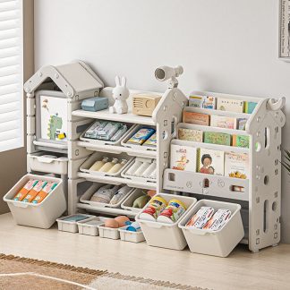 "Simplistic Kids Bookshelf Display Rack with House Theme, 5 Shelves, Convertible Orientation, Synthetic Material, Standalone Installation, Closed Back"