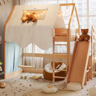 "Simple Gender Neutral Medium Wood Beech Kids Loft Bed with Built-In Ladder and Surrounding Guardrail"
