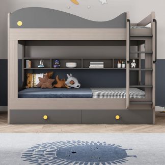 "Stylish Grey Manufactured Wood Bunk Children's Bed with 7 Drawers"