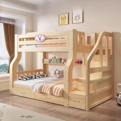 "6 Drawers & 3 Cabinets Natural Color Bunk Children's Bed with Bookcase, Stairs & Either Side Guardrail, Multiple Mattress Sizes"