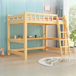 "Simple Wood Loft Ladder Children Loft Bed in Wood Grain with Coir and Guardrail"