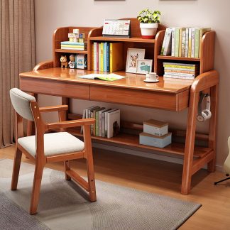 "4 Shelves Adjustable Height White/Cerulean/Wood Color Lumber Children Computer Desk Water-resistant Receptacle with Hutch"