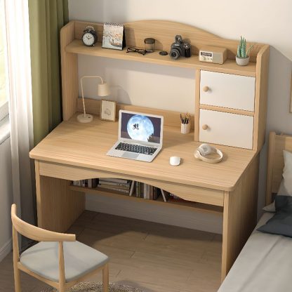 "Wood Grain/White/Dove Grey Timber Kids Computer Desk with Chair, Receptacle, Shelf and Hutch"
