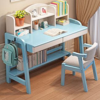 "2 Drawers Height-adjustable Rose/Blue/White Wood Children Computer Desk with Locker, 3 Shelves and Hutch"
