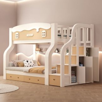 "Lemon Color Bunk Children's Bed with Extensive Storage, 6 Drawers, 3 Cabinets, Book Rack, Stairs, and Multiple Mattress Options"