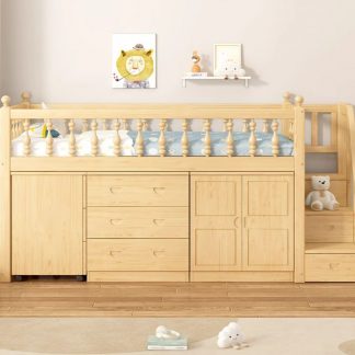 "Natural Wood Finish Children Loft Bed with 3 Drawers Loft Configuration"