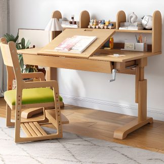 "1 Drawer Unfinished Color Timber Moves Up and Down Adjustable Kids Desk with Receptacle, Shelf, Hutch"