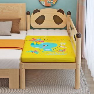 "Natural Finish Timber Standard Kids Bed with Cotton Linen, Headboard, Footboard, Coir, Guardrail"
