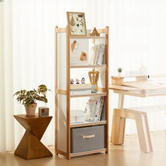 "White Vertical Standard Children's Bookshelf with Open Back, Lumber Shelves, Slipping Door, and Bin Included"