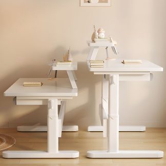 "White/Tan Lumber Top Adjustable Kids Desk with Adaptable Height, Storage, Shelf & Hutch"